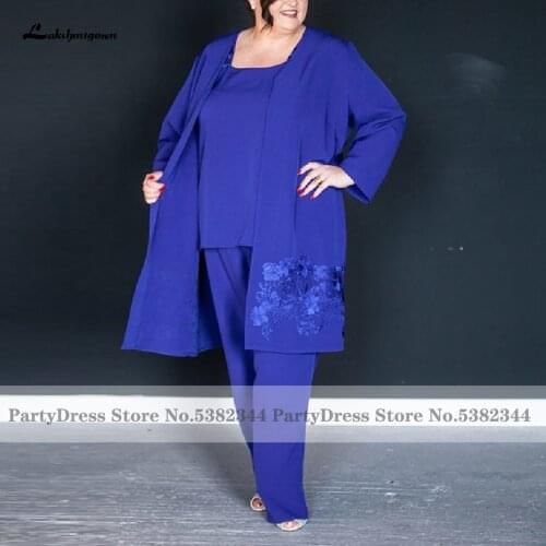 Lakshmigown Plus Size Mother Of The Bride Pant Suits with Jacket Avondjurken Royal Blue Satin Long Evening Dresses Lace Applique