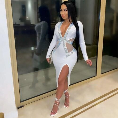 Party Plus Size Dresses for Women 4xl Autumn Mesh Patchwork Long Sleeve Sexy Midi Dress Clubwear High Slit Shiny Elegant Dress