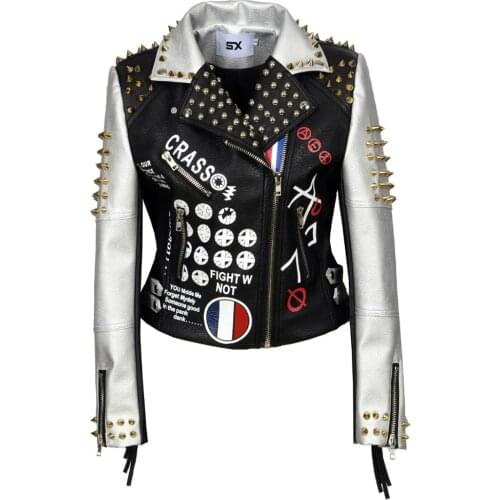 SX Punk womens fashion PU Leather color print letter pattern graffiti jacket rivet badge Eagle ornaments slim Tassel motor coat