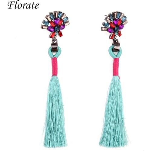 Florate Handmade Statement Long Tassel Earrings for Women Colorful Crystal Flower Pendant Dangle Earrings Design Jewelry