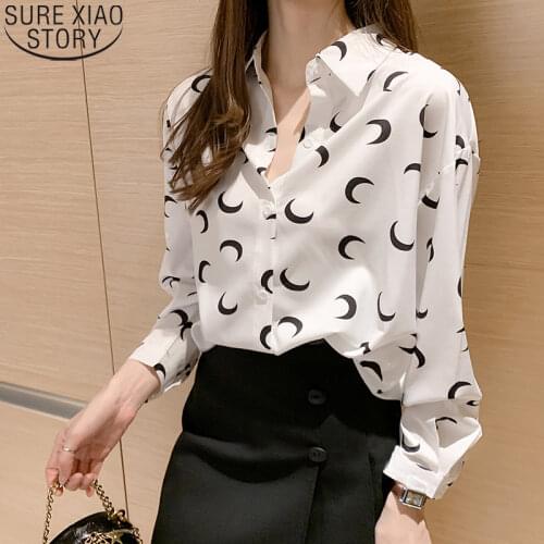 Women Print Shirts White Long Sleeve Shirts 2021 New Autumn Korean Loose Fashion Turn-down Collar Womens Tops and Blouses 10428