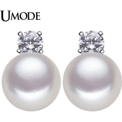 UMODE Natural Freshwater Pearl Stud Earring for Women Fashion 925 Sterling Silver Pear Earrings CZ Zircon Crystal Jewelry AE0007