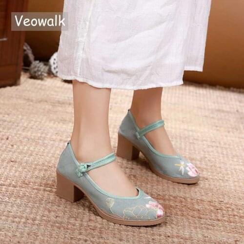 Veowalk Women 6cm High Block Heels Embroidered Shoes Elegant Ladies Comfortable Ankle Strap Pumps Chinese Style Dress Shoes