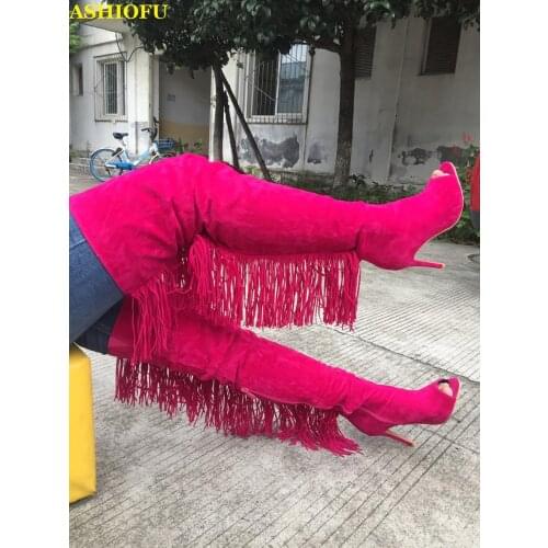 ASHIOFU New Real Photos Womens Thigh High Boots Fringed&Tassels Peep-toe Party Over Knee Boots Evening Fashion High Heel Boots