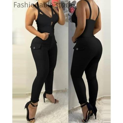 Women Sexy Cutout Strap Top & Button Design Pants Set