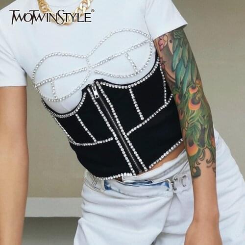 TWOTWINSTYLE Diamond Black Slim Vest For Women Patchwork Zipper Casual Streetwear Vests Female Fashion New Clothing 2021 Style