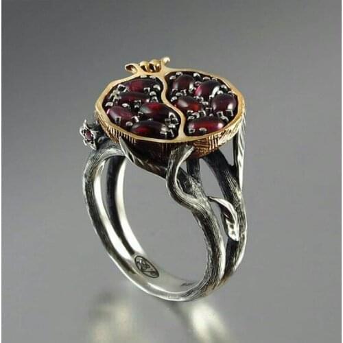 Vintage Red Zircon Stone Conflict Pomegranate Ring Black Gold Rings for Women Size 6/7/8/9/10 Wedding Party Jewelry Gift