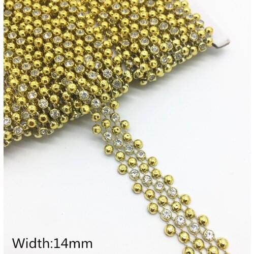 1 Yards 14mm 3 Rows Rhinestone Chain Pearl Crystal Chain Sew On Trims Wedding Dress Costume Applique #Z
