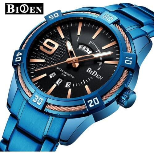 BIDEN Mens Quartz Watch Luxury Brand Analog Week Display Clock Stainless Steel Business Watches For Man Wristwatch Gifts Montre