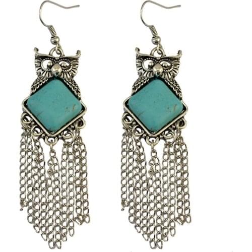 Bohemian Ethnic Owl silver-color Dangle Erring Leaf shape Retro Natural Green Stone Pendant Hook Earrings for Women Jewelry