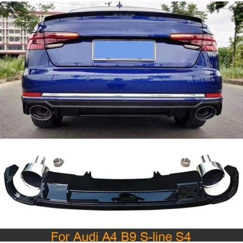 For Audi A4 B9 S-line S4 2017 - 2019 Gloss Black Car Rear Bumper Diffuser Lip Spoiler with Silver Exhaust Tips
