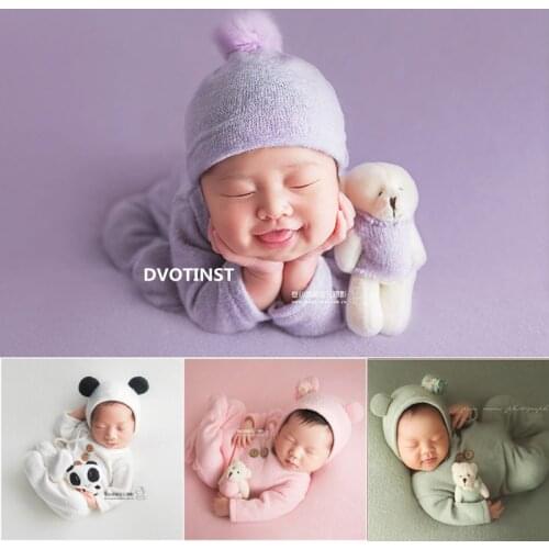 Dvotinst Baby Newborn Photography Props Cute Animals Bear Outfits Bonnet Doll Set Backdrop Fotografia Studio Shoots Photo Props