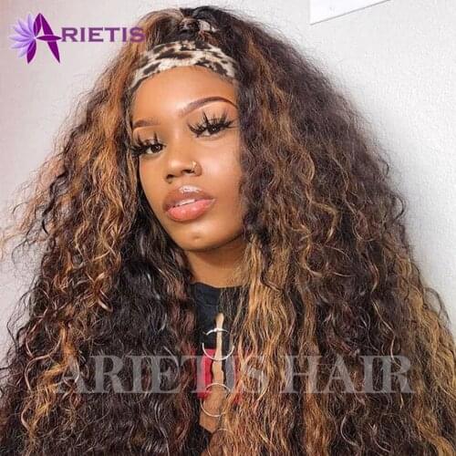 Ombre Highlight Kinky Curly Headband Wig Human Hair for Black Women Peruvian Remy Scarf Wig Full Machine Wig with Headband