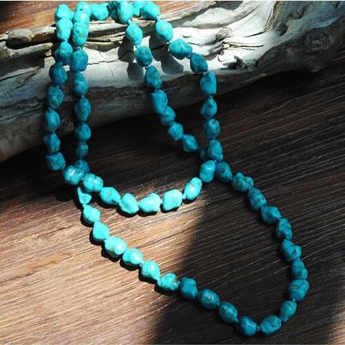 Ethnic Vintage Sweater Chain Necklace Women Raw Mineral Blue Howlite Turquoises Stone Beaded Tassel Pendant Long Necklace Boho