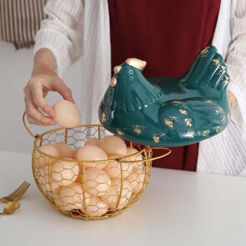 Chicken Hen Egg Basket Multi-function Creative Ceramic Lid Iron Mesh Container with Handle Home Kitchen Decoration Fruit Baskets