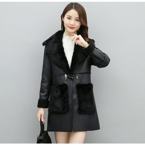 Leather Fur Coat Winter Fashion Thicken Keep Warm Jacket Lambswool Sheepskin Suede Overcoat Mid-length Outerwear Female 2020
