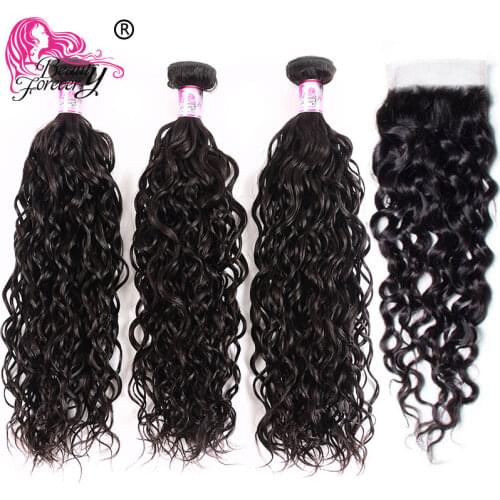 Beauty Forever Water Wave Brazilian Hair Weave 3 Bundles With Closure Free Part 100% Remy Human Hair