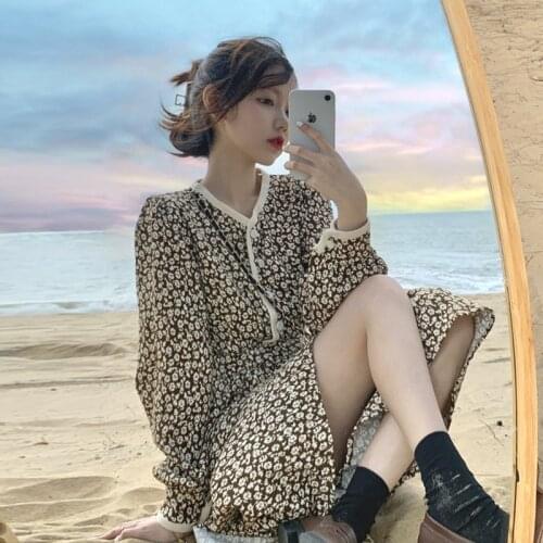 Maxi Dresses for Women Retro V-neck Floral Dress Female Spring New Loose Waist Niche Mid-length A-line Skirt