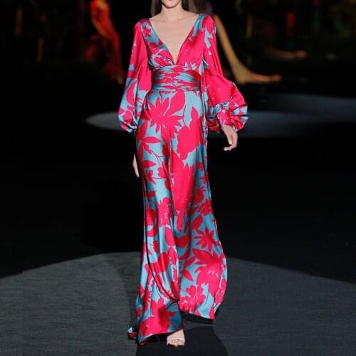 JSXDHK Runway Autumn Sexy Backless Holiday Boho Dress Elegant Womens Deep V Neck Flower Printed Lantern Sleeve Maxi Long Dress