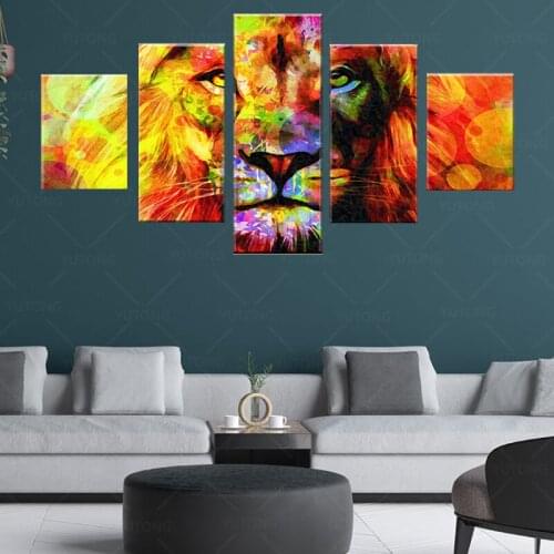 Animal Canvas Paintings Modular 5 Pieces HD Printed Abstract Color Lion Picture Decor For Living Room Wall Art Posters Framework