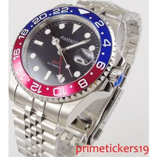 Blue red rotating bezel 40mm PARNIS black dial date stainless steel strap automatic movement mens watch
