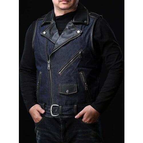 Mens Sleeveless Biker Style Classic Vest Belted Punk Genuine Leather Denim Combo Carry Vintage Vest