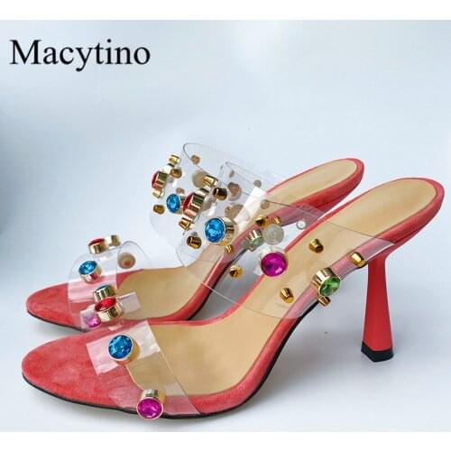 New summer ladies high-heeled slippers round head PVC rivet color diamond high-heeled slippers fashion party high-heeled slipper