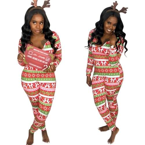 2020 Autumn Womens Sexy V-Neck Printed Tight-fitting Long-Sleeved Jumpsuit Ladies Pajamas Christmas Party Holiday Costumes