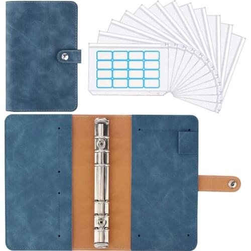 A6 Binder PU Leather Budget Planner Refillable 6 Round Rings Binder Cover Notebook Folder with 12 PCS Clear Plastic Envelopes