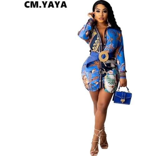 CM.YAYA Women Dress Print Full Sleeve Turn-down Collar Single Breasted Loose Straight Mini Dresses Fall Outfits (without Sashes)