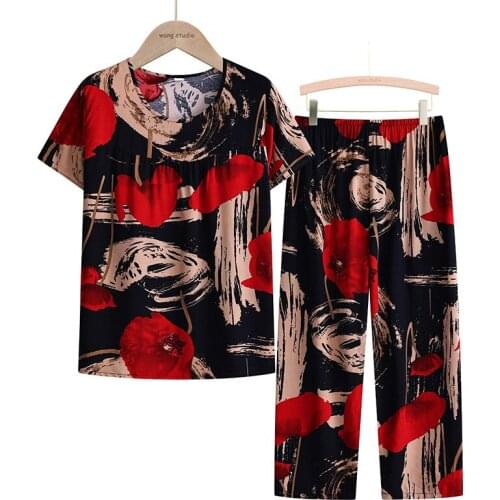 Plus Size Nightwear High Quality Round Neck Cotton Summer Woman Top Lounge Wide Leg Pants Multi-color Two Pcs Sets For Female