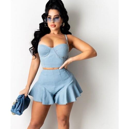 Sexy Denim 2 Piece Sets Womens Outfits Summer 2021 Crop Tops and Ruffles Shorts Sets Party Club Jeans Birthday Matching Sets