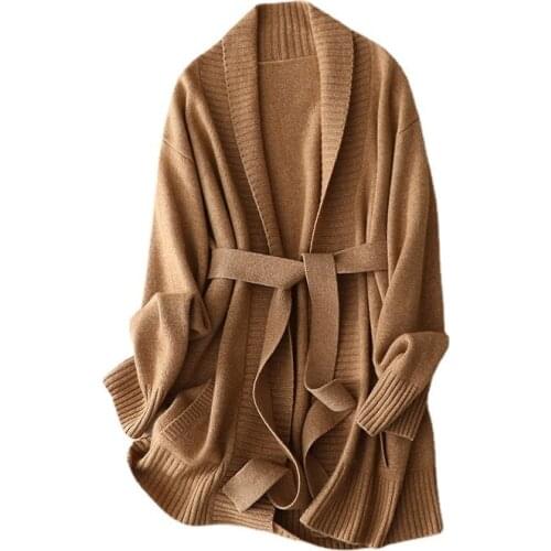 SHUCHAN 30% Cashmere+70% Wool Ruffled Collar Lace Up Cardigan Belt Solid Woman Sweaters Tie Cardigan Vintage Sweater