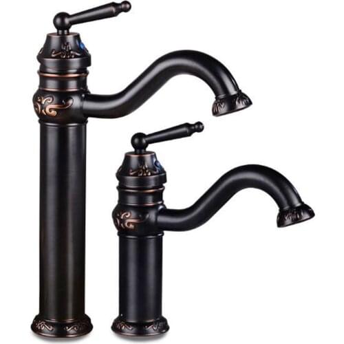 Basin Faucets Brass Hot & Cold Bathroom Sink Mixer Crane Tap Single Handle Deck Mounted Faucets Carvings Taps Black Oil Brushed