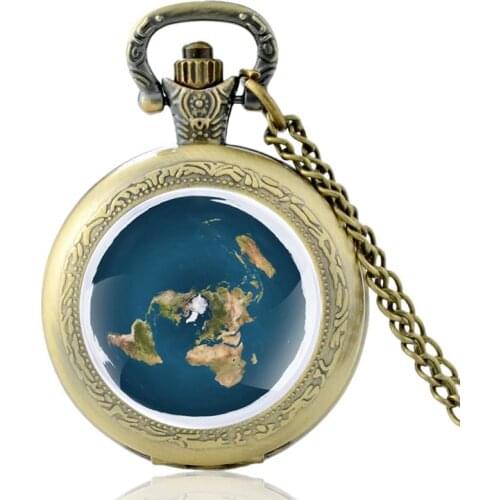 Unique The Earth Is Flat Bronze Vintage Quartz Pocket Watch Men Women Pendant Necklace Hours Clock Gifts