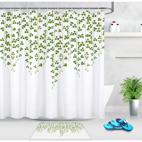 Spring Landscape Shower Curtain Plant Green Leaf Yellow Flower Polyester Fabric Bath Curtain Door Mat Bathroom Decor with Hooks