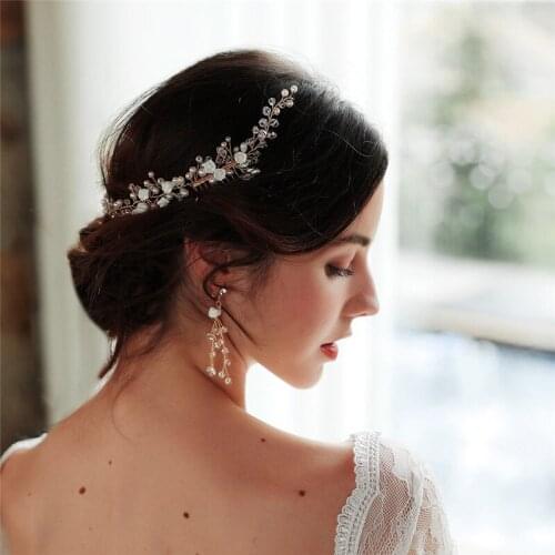 Pearl Bridal Hair Crown With Earrings Handmade Flower Women Long Hair Comb Vine Gold Color Wedding Accessories