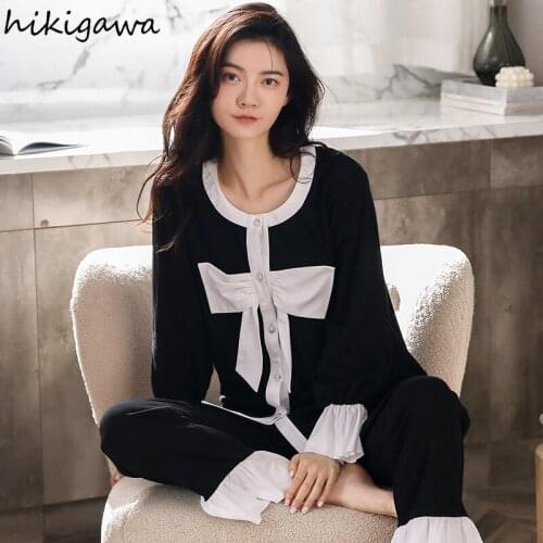 Hikigawa Pajamas De Mujer Women Clothing Sets O-neck Patchwork Sweet Bow Nightwear Pantsuits Home Service Set Sleepwear 97722