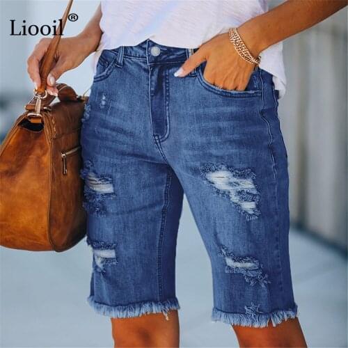 Sexy Ripped Tassel Stretch Jeans Knee Length Pants Streetwear Women Mid Waist Zip Up Pocket Blue Cotton Skinny Hole Denim Shorts