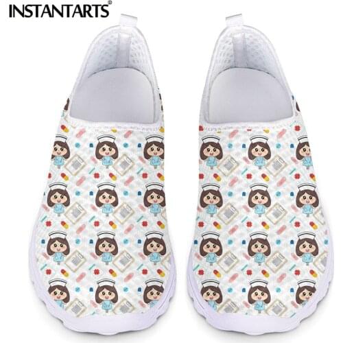 INSTANTARTS Brand Design Cartoon Nurse Girls Pattern Women Flat Shoes Summer Breathable Mesh Sneaker Casual Slip-on Loafers 2021