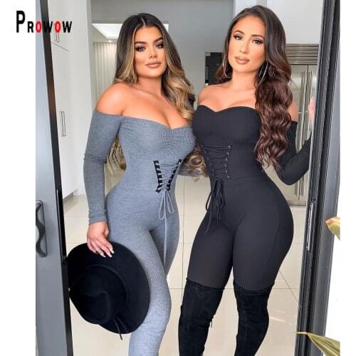 Prowow Sexy Skinny Women Jumpsuits New Long Sleeve Spring Fall Romper for Lady Soild Color Shoulderless Bandage Bodycon Outfits