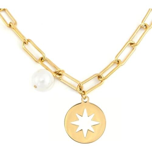 Natural Shell Pearl SixPointed Star Padlock Globe Necklace For Women Chunky Chain Stainless Steel Heavy Duty Chain Choker Collar