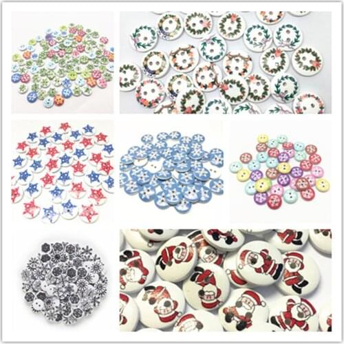 100pcs 15mm Christmas Snowflakes Patterned Wood 2 Holes Round Buttons Sewing Crafts Embellishments For Scrapbooking