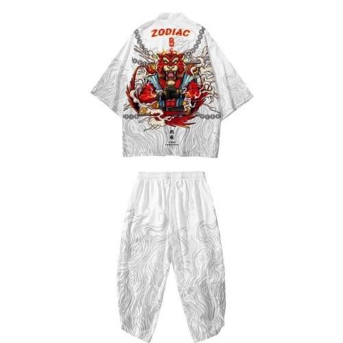 New Trend 12 Zodiac Tiger Kimono Black and White Mens Seven Sleeve Cardigan Loose Style Robe