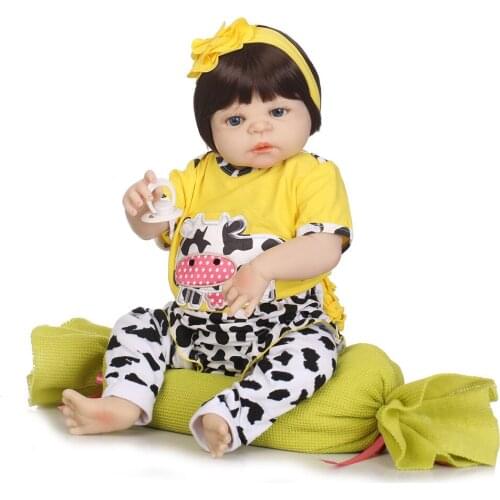 Reborn baby girl dolls 23" full silicone reborn baby dolls with yellow cow clothing soft pillow bebe realistic reborn bonecas