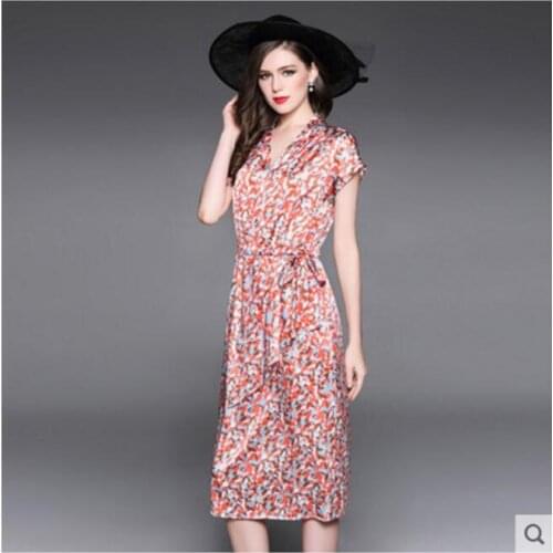 Summer Dress Women New Red Blue Print Silk dress Natrual Fabric High Quality Clothing Hot Selling Free Shipping LYQ83OLM0