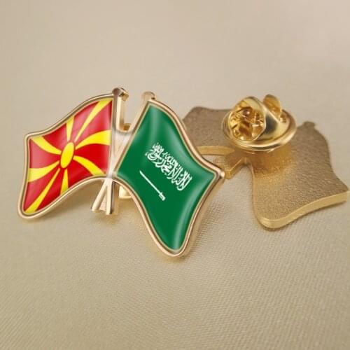Macedonia and Saudi Arabia Crossed Double Friendship Flags Lapel Pins Brooch Badges