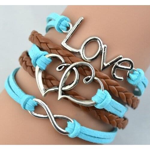 Fashion Alloy Infinity Double Heart to Heart Charm Cuff Bracelet Infinities Braided Leather Rope Bangle Friendship Jewelry Gift