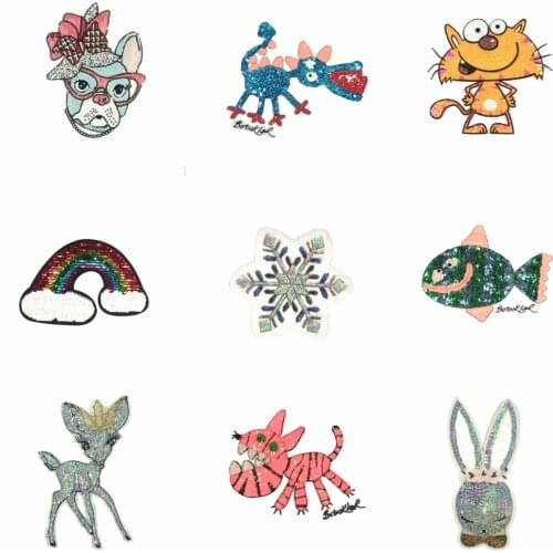 Apparel large sequined embroidery big fish dinosaur deer dogs cats rabbit tiger rainbow cartoon patches for clothing AM-35