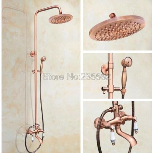 Red Copper Bathroom Ceramic Handle Rain Shower Faucet Set W/ Wall Mounted Bathtub Spout Tap + 8 inch Rain Shower Heads lrg543